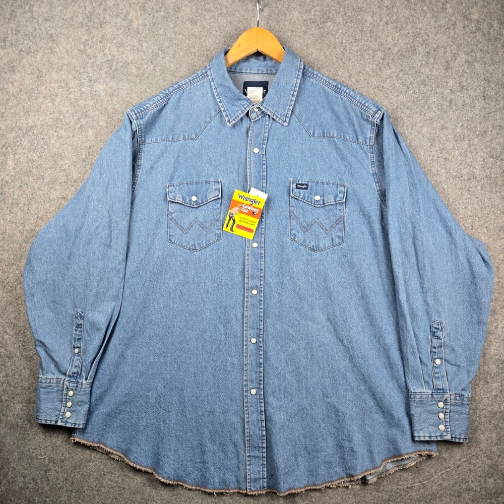 Wrangler Cowboy Cut Denim Shirt Mens XXL Blue Western Pearl Snap Workwear New